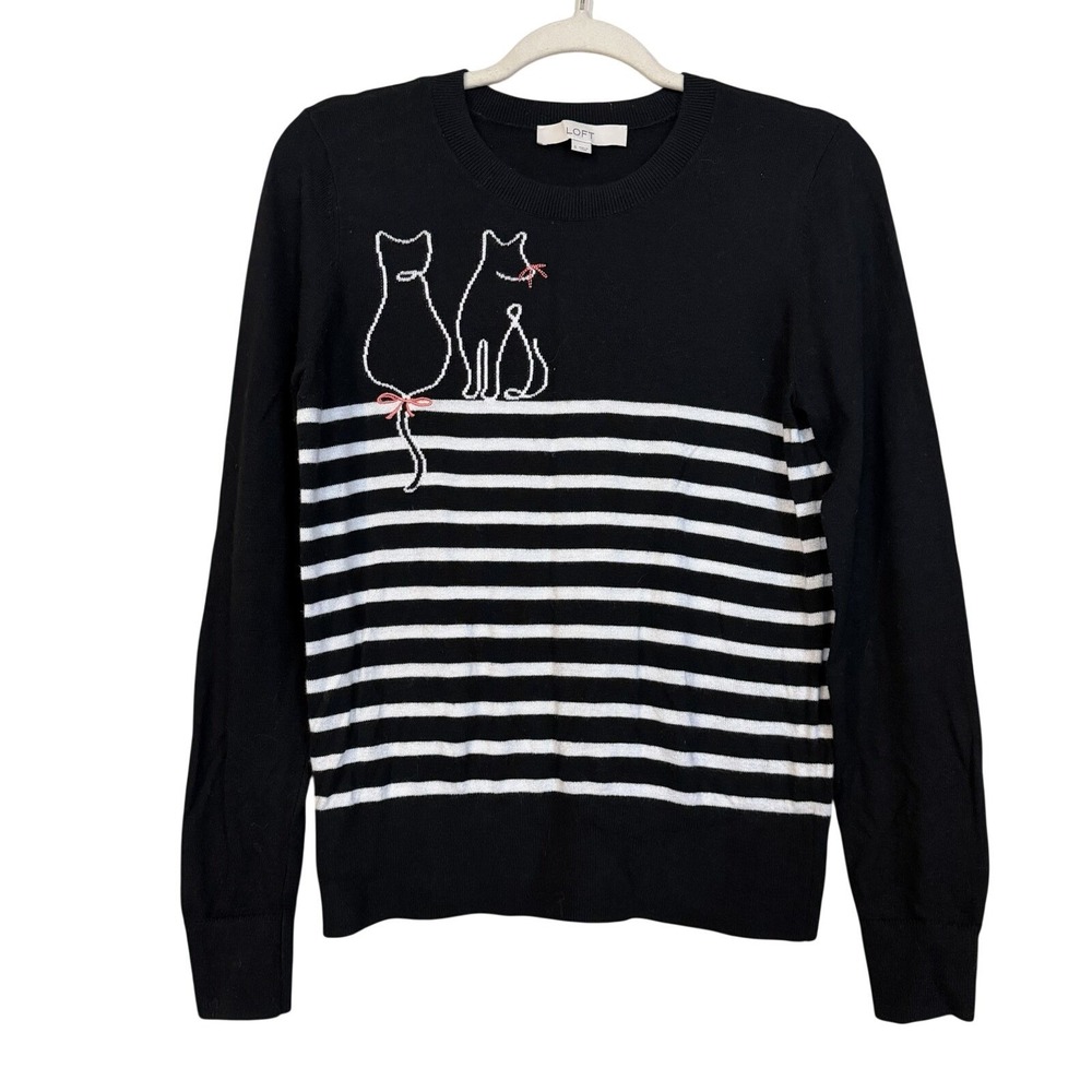 LOFT Cat Lover Sweater Sz S Black White Striped Knit Long Sleeve Lightweight